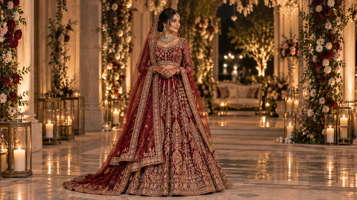 Bride wearing a rich burgundy embroidered lehenga, matching veil, and emerald jewelry in a candlelit wedding hall.