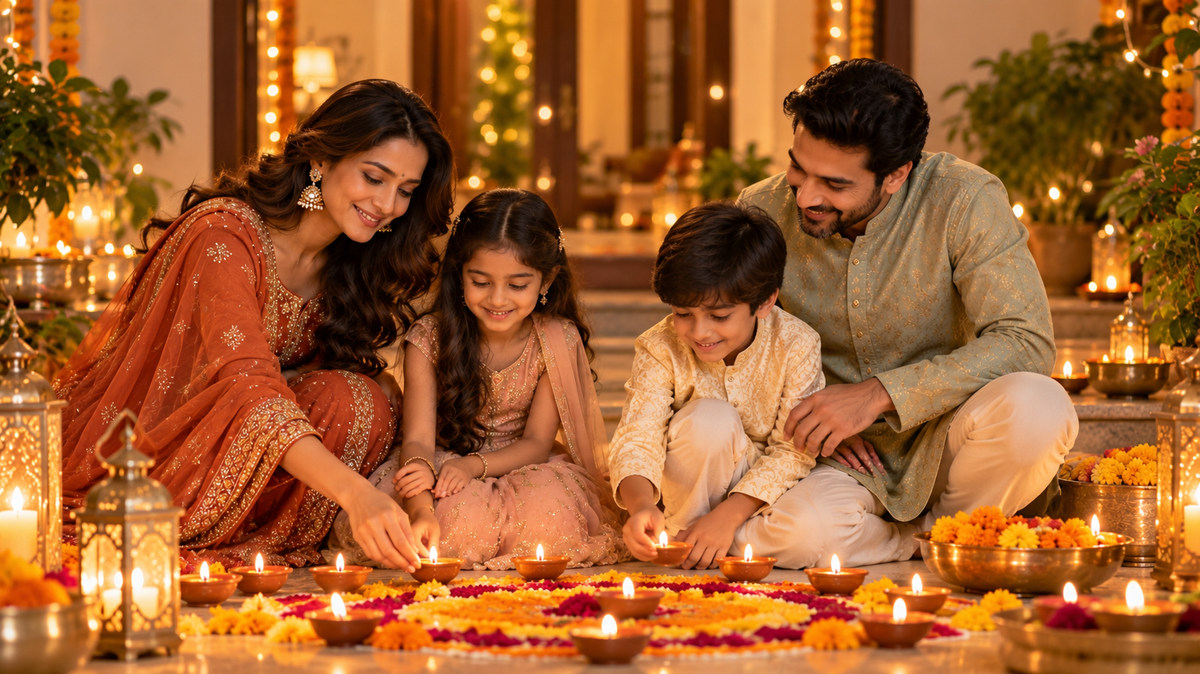 South Asian family celebrating Diwali together by lighting diyas around a colorful floral rangoli in traditional festive outfits. 
