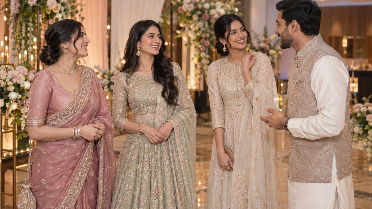 Three women in pastel wedding outfits laughing with a man wearing a cream kurta and beige waistcoat.