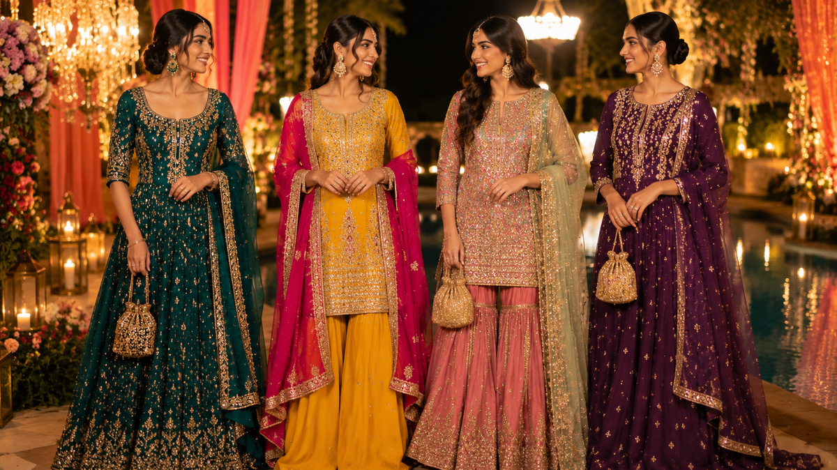 Four women in teal, mustard, pastel pink, and purple traditional outfits standing beside a pool at a wedding. 