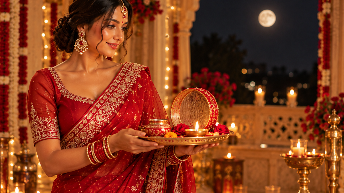 Woman in a red saree holding a puja thali on Karwa Chauth 2026, Raaja Raani Brampton