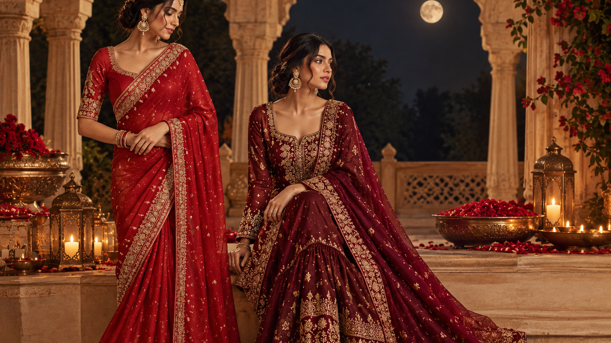 Red and maroon Karwa Chauth outfits including a red saree and sharara suit, Raaja Raani