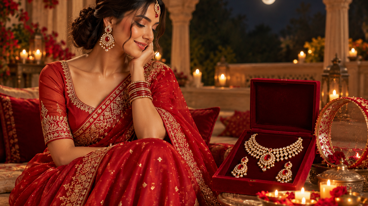 Red saree and jewellery set as a Karwa Chauth gift for your wife, Raaja Raani Brampton