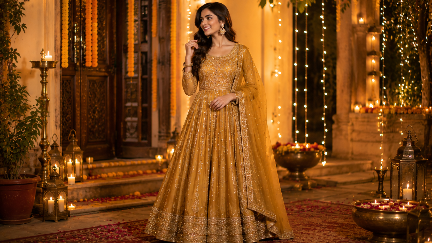 South Asian woman wearing a deep gold Anarkali suit with a matching dupatta at a festive evening celebration.