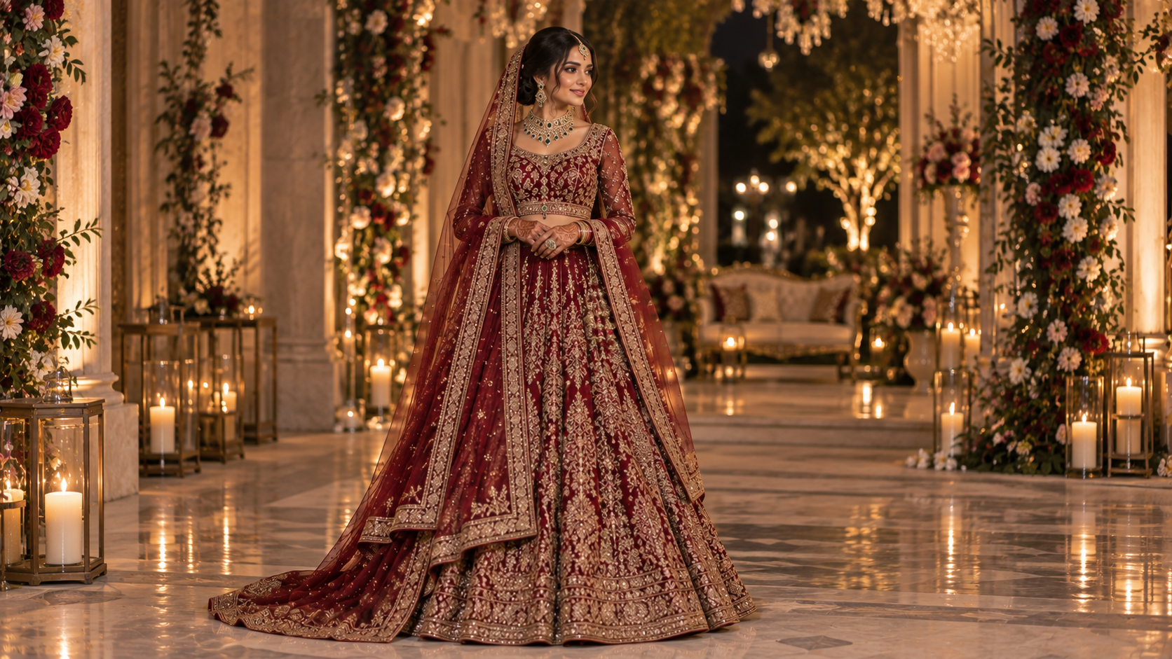  Bride wearing a rich burgundy embroidered lehenga, matching veil, and emerald jewelry in a candlelit wedding hall. 
