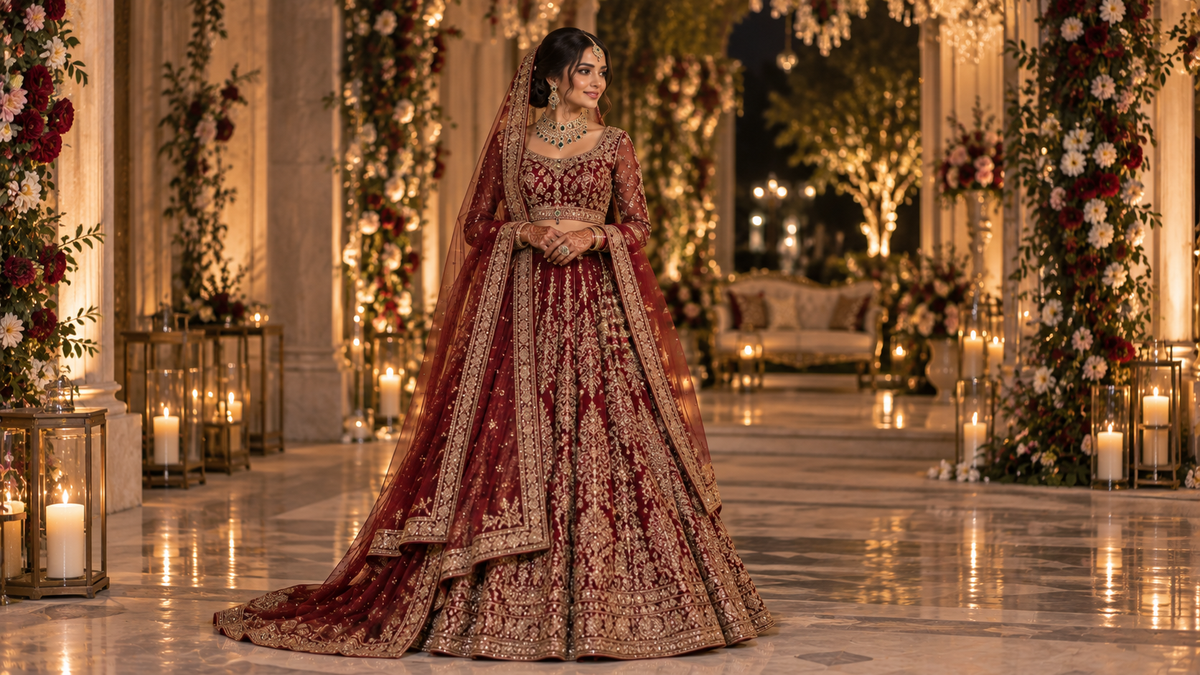  Bride wearing a rich burgundy embroidered lehenga, matching veil, and emerald jewelry in a candlelit wedding hall. 
