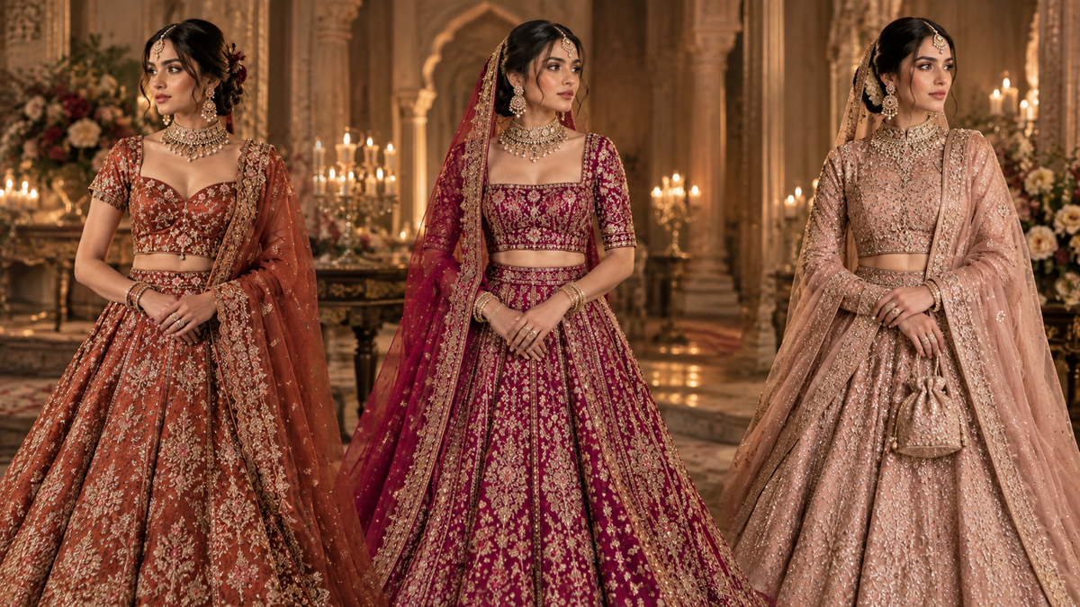 Three brides showing different necklines on embroidered bridal lehenga with a matching dupatta and traditional jewelry.