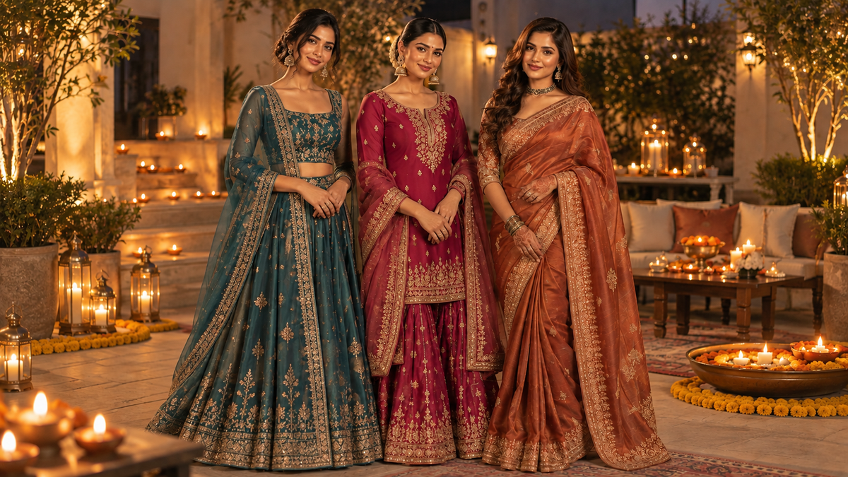 Three South Asian women in a teal lehenga, magenta gharara suit, and rust saree at an elegant candlelit Diwali celebration.&nbsp;