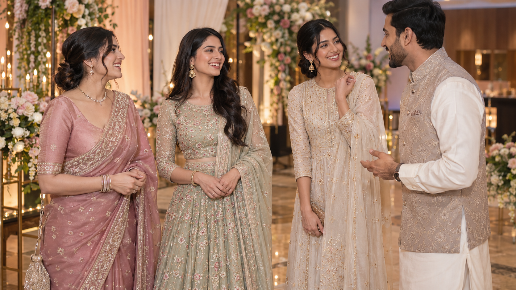 Three women in pastel wedding outfits laughing with a man wearing a cream kurta and beige waistcoat.
