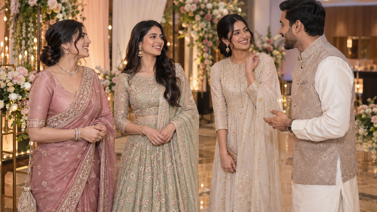 Three women in pastel wedding outfits laughing with a man wearing a cream kurta and beige waistcoat.