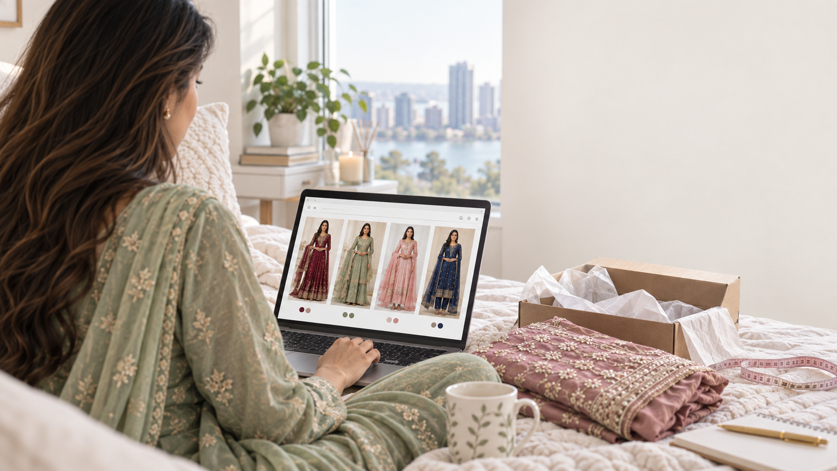 Women browsing Indian suits online on a laptop with a delivered embroidered dress beside her.