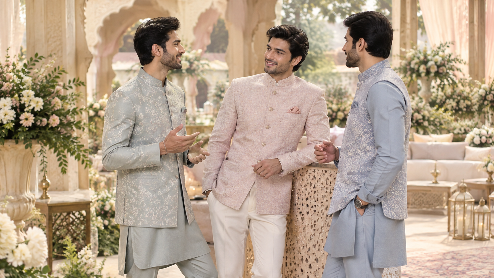 Three men chatting in pastel sage, blush, and light blue Indian outfits at an outdoor wedding function.