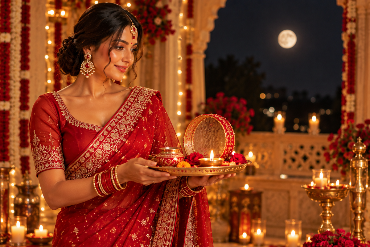 Woman in a red saree holding a puja thali on Karwa Chauth 2026, Raaja Raani Brampton