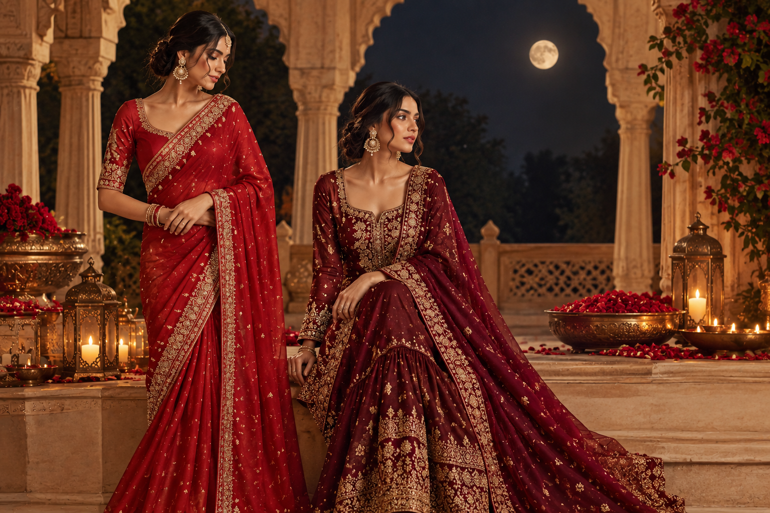 Red and maroon Karwa Chauth outfits including a red saree and sharara suit, Raaja Raani