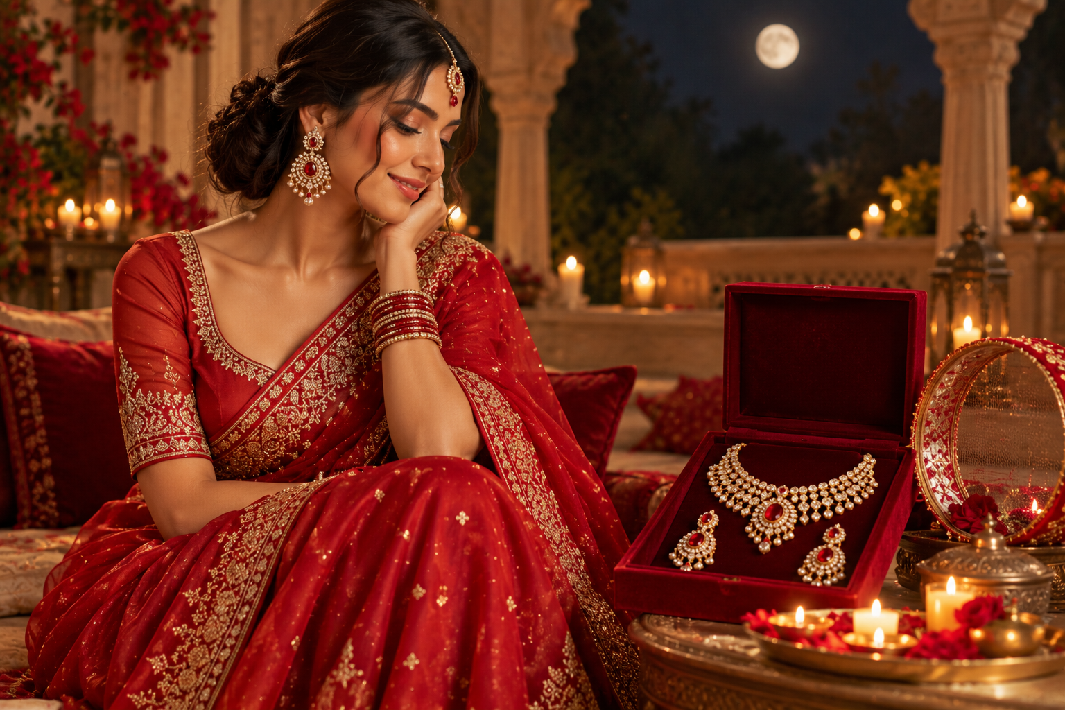 Red saree and jewellery set as a Karwa Chauth gift for your wife, Raaja Raani Brampton