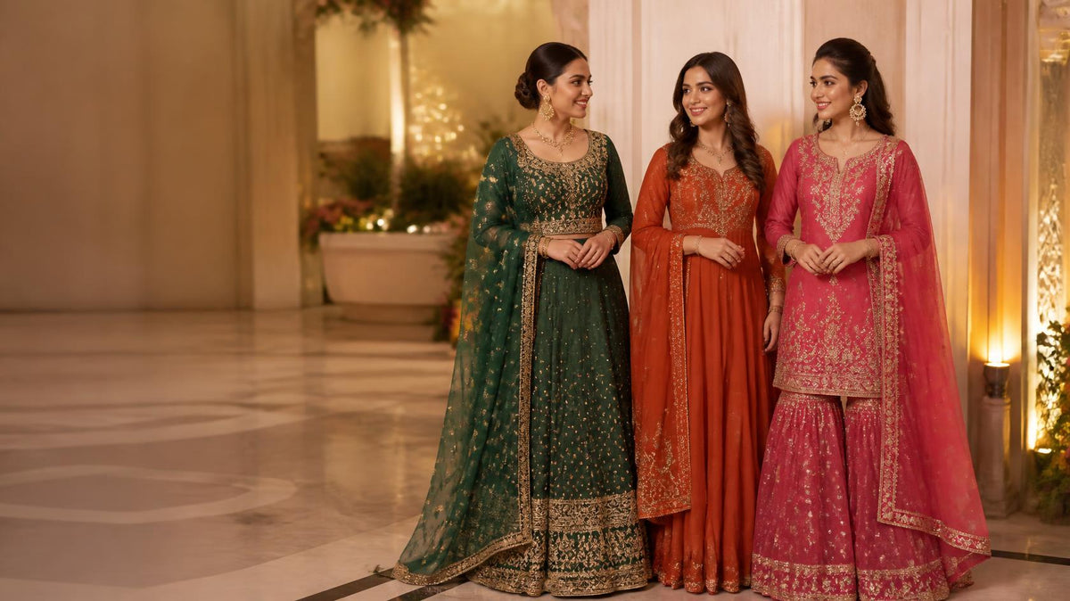 Three wedding guests wearing emerald, rust, and pink embroidered traditional outfits at a formal celebration.&nbsp;